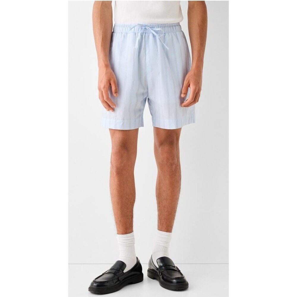 Bershka‎ Mens Light Blue Striped Cotton Drawstring Shorts Size L Large
